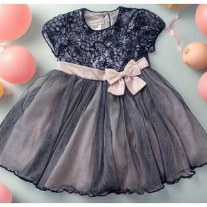 Bonnie Baby Girls Navy Lace Pink Bow Tulle Dress 24M Special Occasion